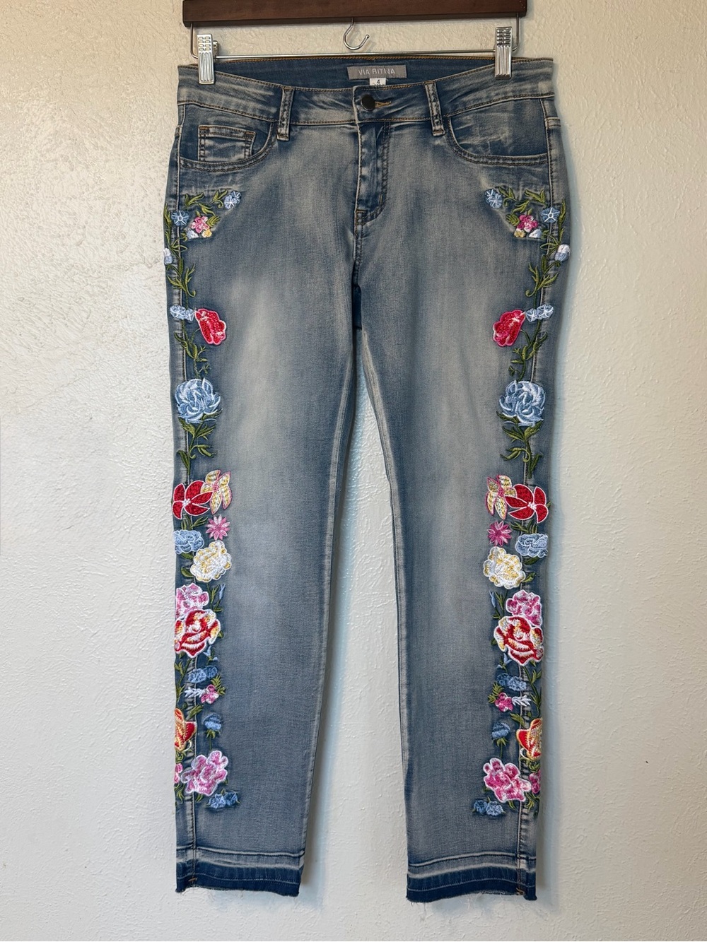 Y2K Low Rise Embroidered Floral Crop Ankle Stretch Skinny Jeans Sz 4